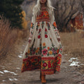 Comstylish Mexican Flowers Embroidered Crew Neck Flowy Linen Maxi Dress