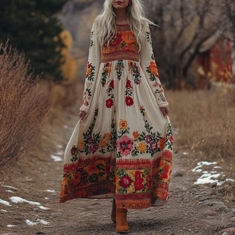 Comstylish Mexican Flowers Embroidered Crew Neck Flowy Linen Maxi Dress