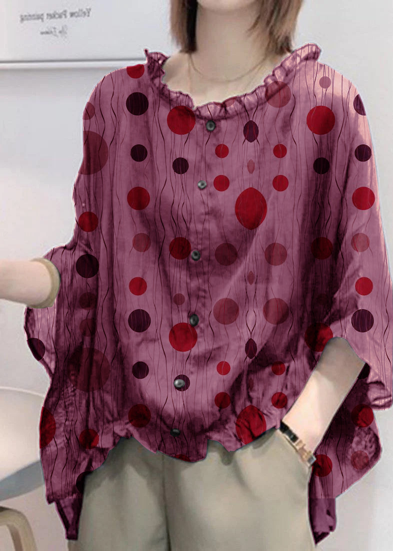 Art Navy Tops Ruffles Trim Half Sleeve Shirts Blouse