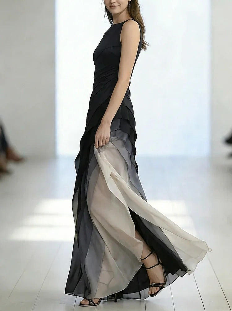 French Black High Waist Patchwork Tulle Maxi Dresses Sleeveless