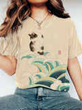 Wave & Cat Print Women's Short Sleeve T-Shirt elevenforest