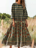 Women's Vintage Bohemian Floral Art Print Flowy Cotton Crew Neck Dress