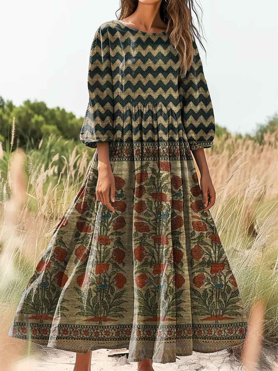 Women's Vintage Bohemian Floral Art Print Flowy Cotton Crew Neck Dress
