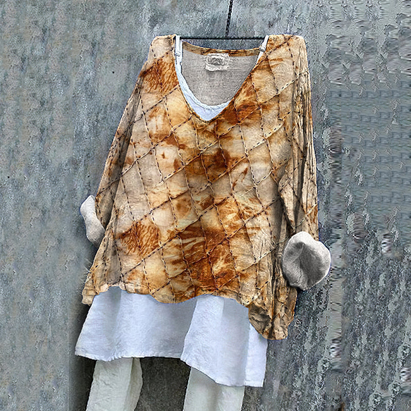 Women's Vintage Rust Dyed V-neck Linen Blend T-shirt artswardrobe