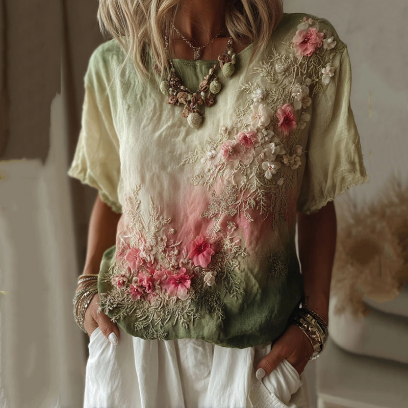 Vintage Floral Gradient Pattern Linen Comfy T-shirt artswardrobe