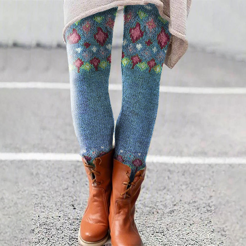 Contrast Diamond Knit Pattern Printed Leggings elevenforest