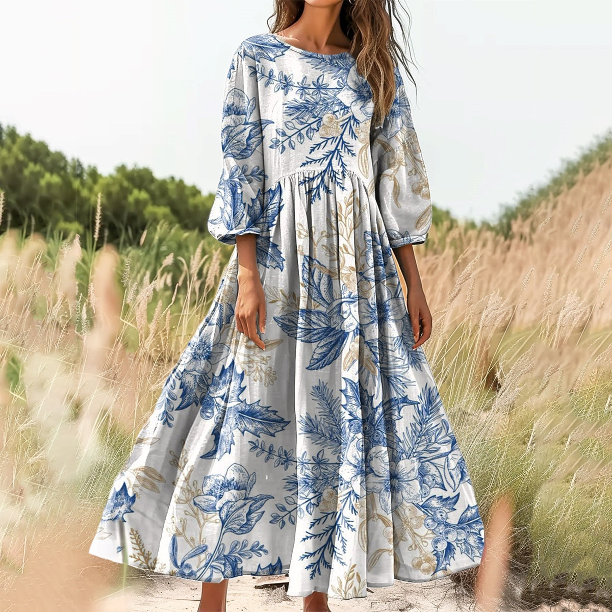 Women's Floral Art Print Cotton Crew Neck Dress