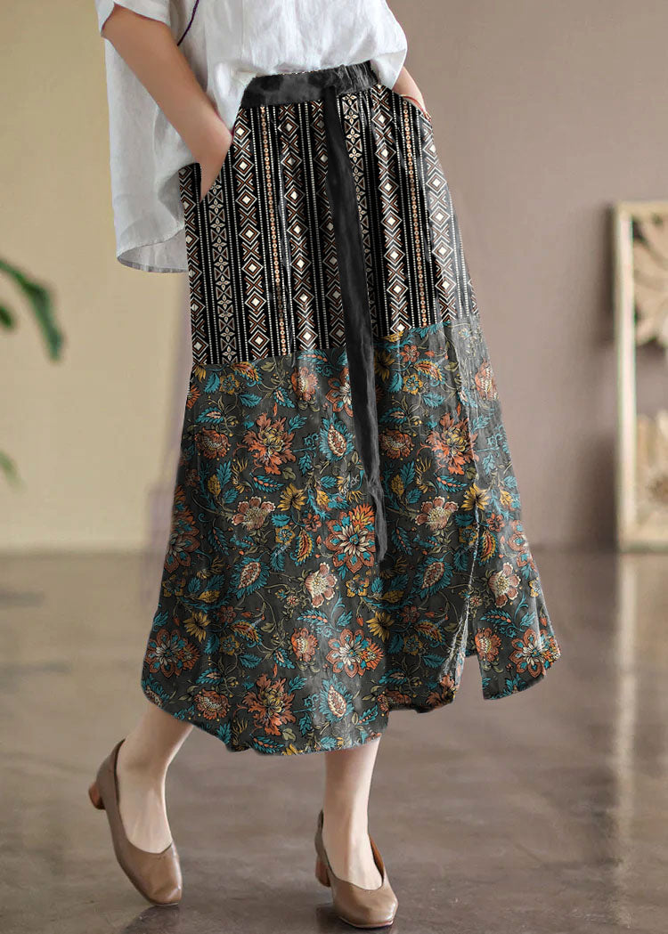 Red Geometry Elastic Waist Print Linen Skirts Summer