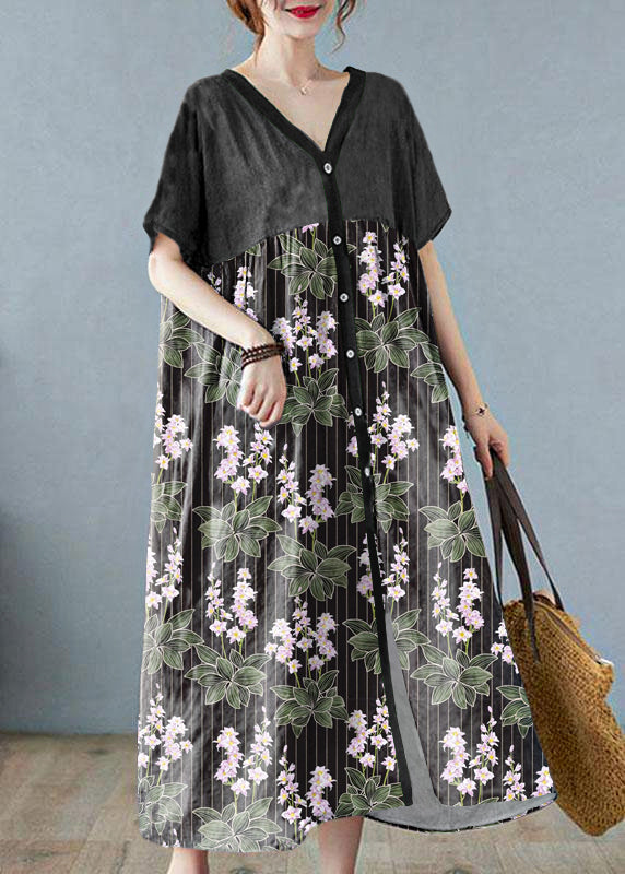 Green Bamboo Retro Button Summer Print Half Sleeve Maxi Dress