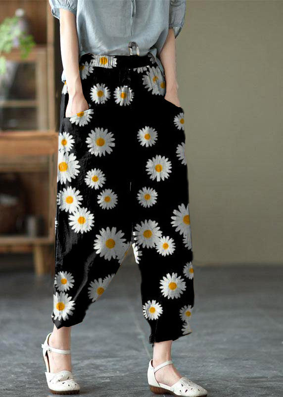Art White Stripes Tie Waist Pockets Summer Harem Pants Linen