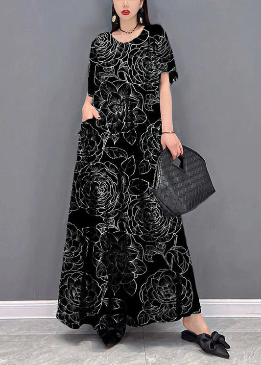 Black Flower O-neck Print Pockets Long Dresses Short Sleeve