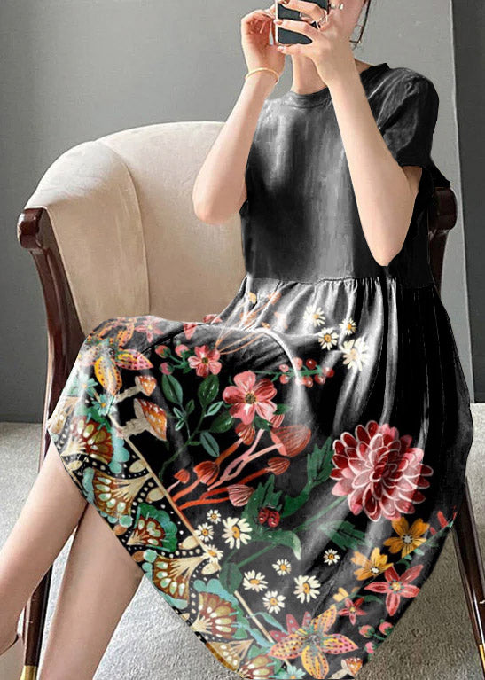 Brief Blue Geometry O-neck Patchwork Cotton Blend Dress Short Sleeve
