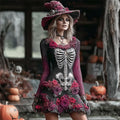 Comstylish Halloween Witch Skeleton & Floral Lady Long-sleeve Knit Mini Dress