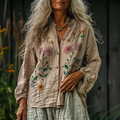 Bohemian Linen Floral Art Print Long Sleeve Loose  Shirt artswardrobe