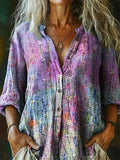 Women's Vintage Floral Art Print Casual Cotton Linen Shirt
