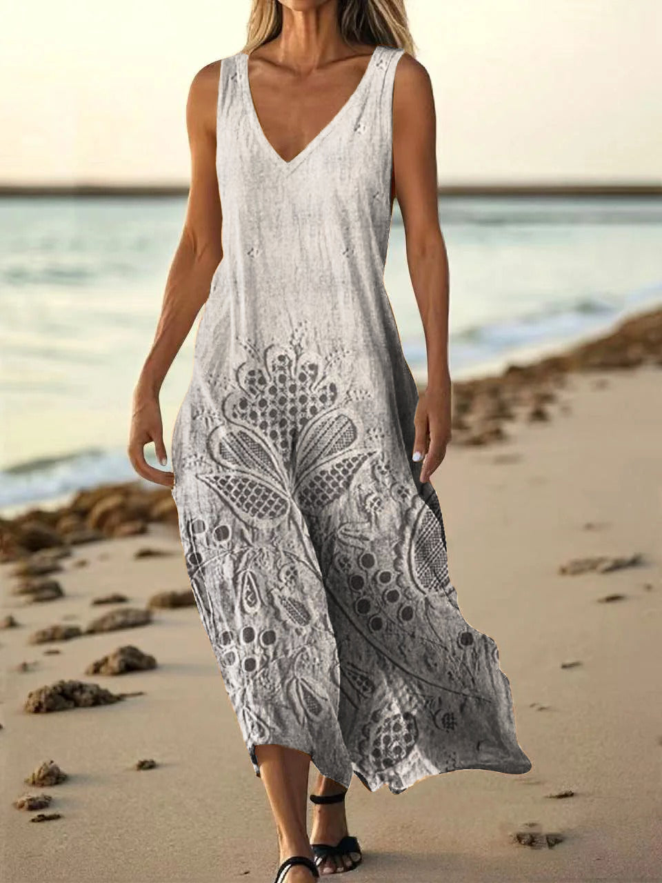 Women's Floral Art Print Pocket Cotton Dresses