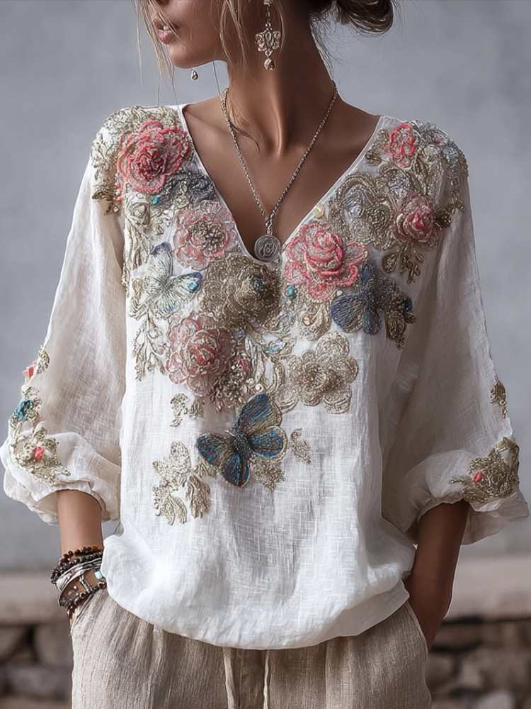 Comstylish Bohemian Style V-neck Butterfly And Flower Embroidery Cotton And Linen Short Sleeve