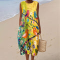 Women's Vintage Flower Bird Art Print Sleeveless Dress artswardrobe