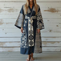Women's Japanese Traditional Sashiko Art  Linen V-neck Robe artswardrobe