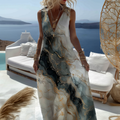 Vintage Marble Texture Collection Retro Bohemia Women Style Gradient Gilded Pattern Linen Maxi Dress artswardrobe