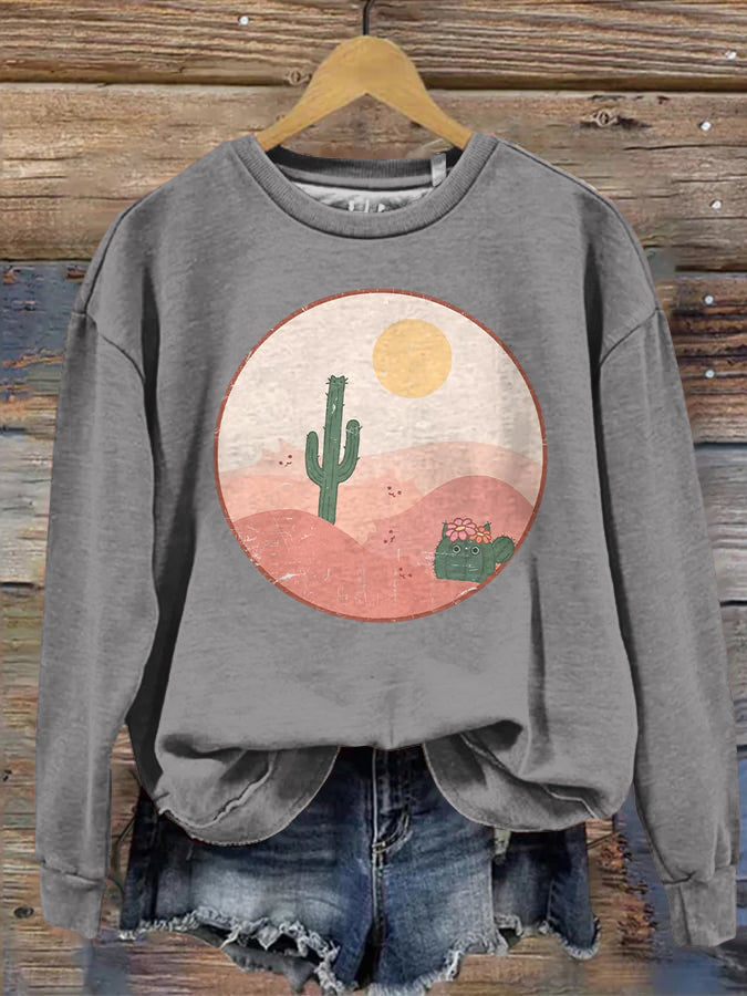 Comstylish Women's Cute Cat Cactus Print Sweatshirt