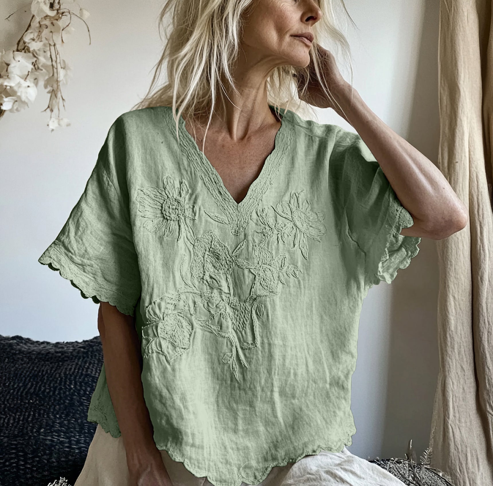 Comstylish Vintage Floral Art Cotton Linen Comfy Shirt