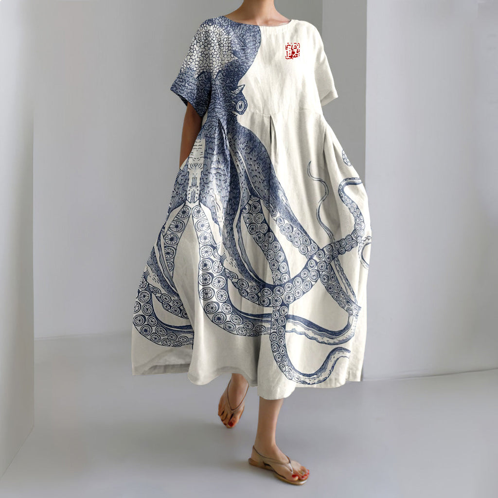Comstylish Japanese Art Octopus And Crab Print Casual Art Linen Blend Maxi Dress