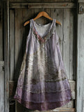 Women's Floral Patchwork Pattern Art Print V-Neck Pocket Cotton Dress