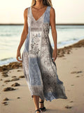Women's Ethnic Collage Art Print V Neck Sleeveless Pocket Cotton Dress