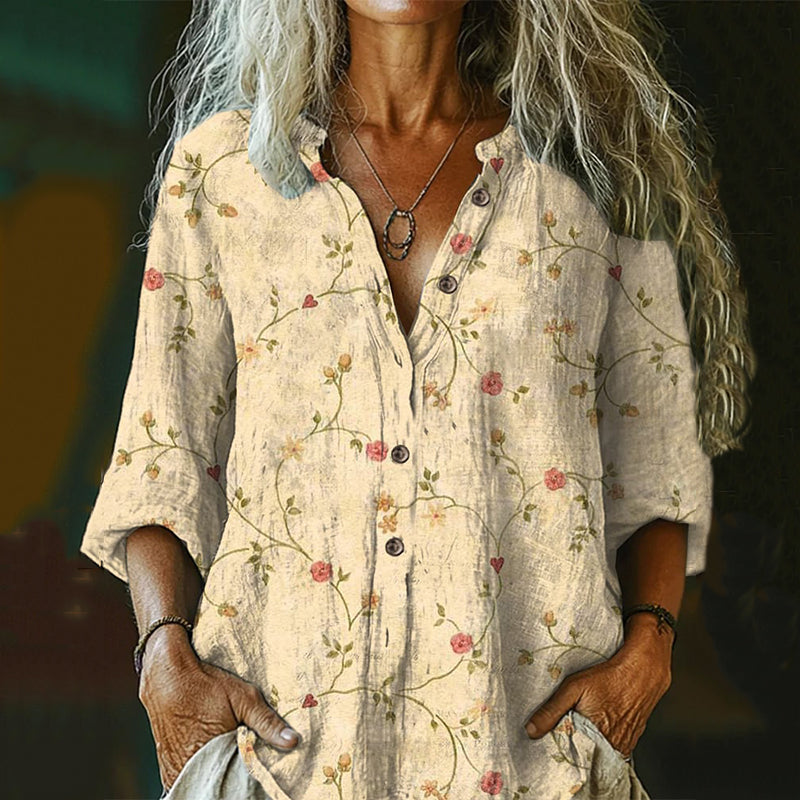 Women's Vintage Floral  Art Print Casual Cotton And Linen Shirt artswardrobe