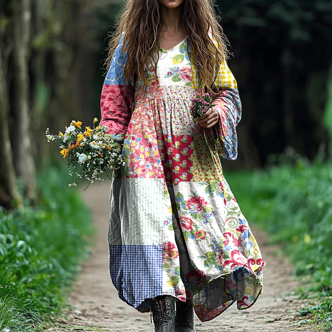 Comstylish Vintage Floral Patchwork Cotton Linen Comfy Maxi Dress