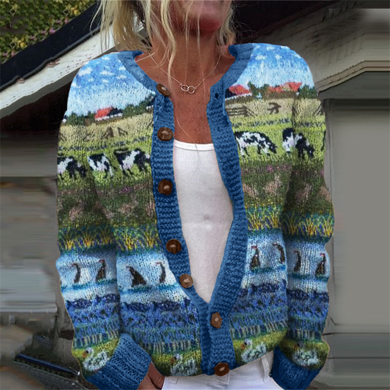 Comstylish Vintage Farm Cows Animals Colorblock Isle Cozy Knit Cardigan