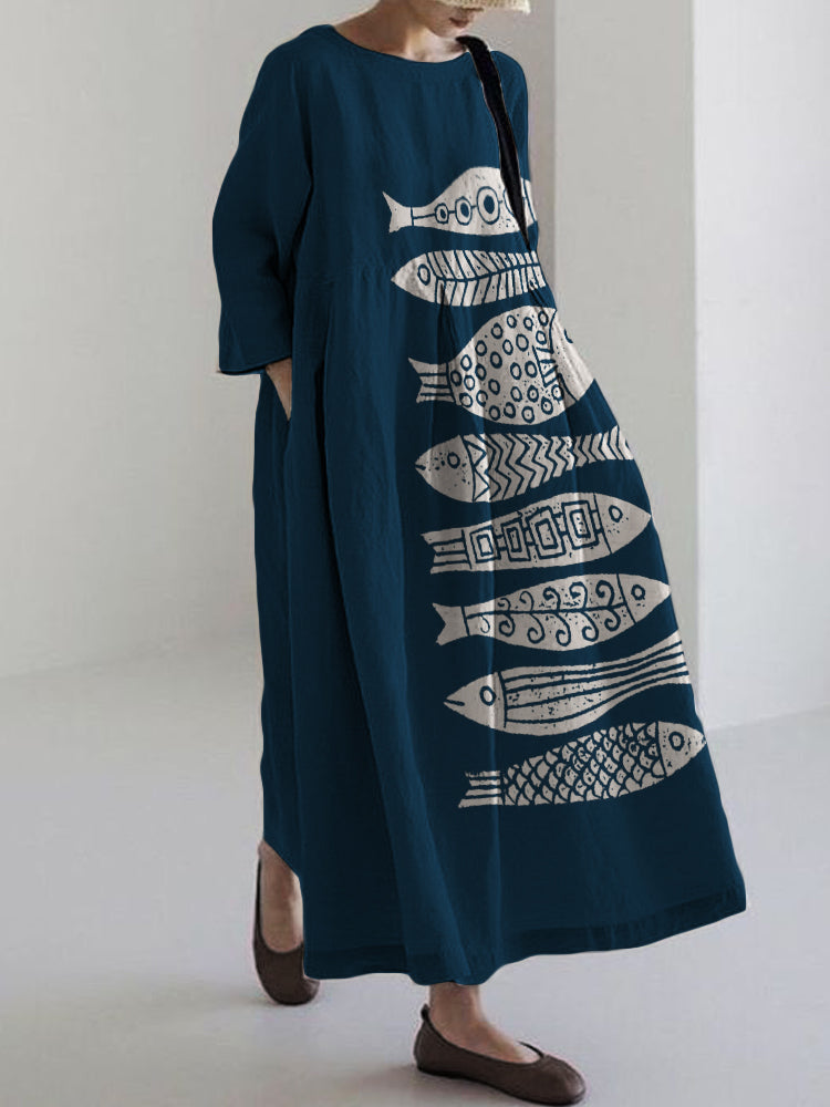 Comstylish Fish Japanese Lino Art Flowy Linen Blend Maxi Dress
