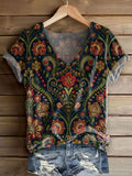Women's Vintage Ethnic Floral Print V-Neck Short Sleeve Cotton T-Shirt