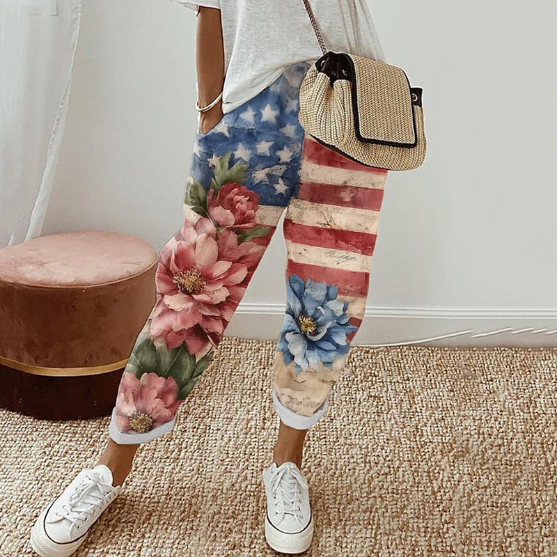 Women's Independence Day Floral Print Cotton And Linen Pocket Pants artswardrobe