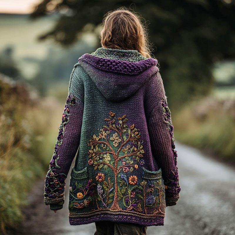 Comstylish Women's Tree Of Life Floral Gradient Cozy Pocket Hooded Cardigan