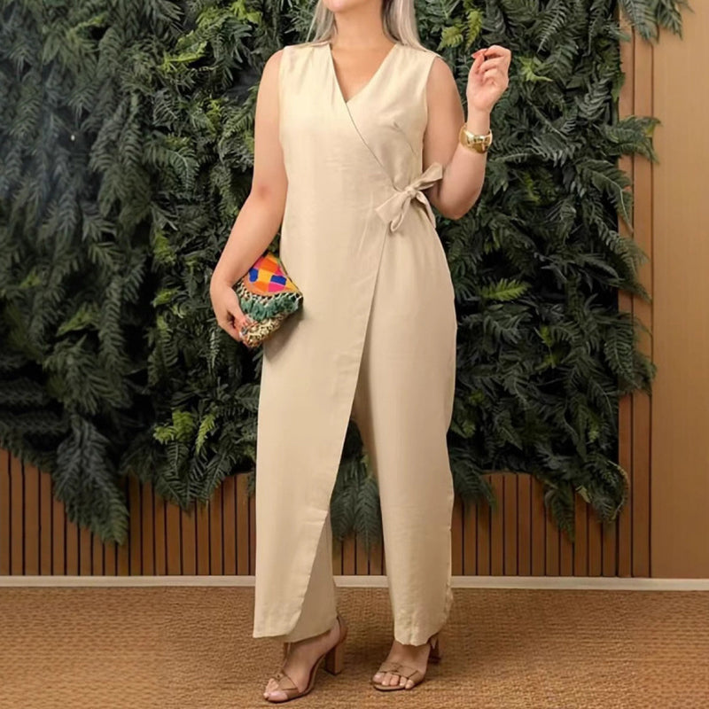 Women's Solid Color Casual V-neck Tie Jumpsuit artswardrobe