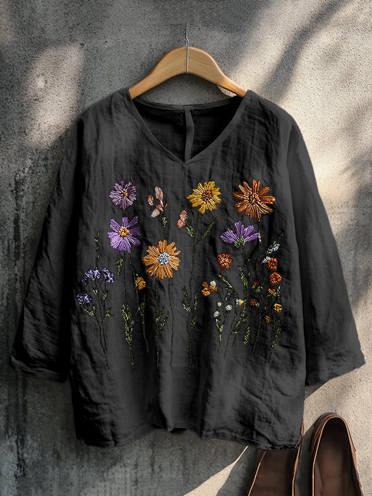 Boho Floral Embroidery Print Cotton And Linen Blend Loose Blouse artswardrobe