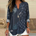 Comstylish Vintage Japanese Indigo Blooming Traditional Sashiko Pattern Women's Linen V-Neck Shirt