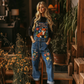 Respect The Locals Fox Floral Art Embroidered Denim Overalls artswardrobe