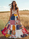 Western Floral Patchwork Flag Element Vintage Women's Linen Maxi Dress artswardrobe