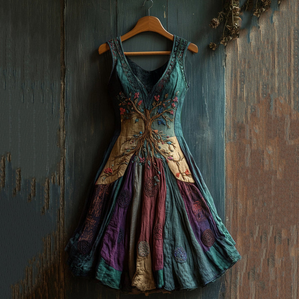 Women's Viking Celtic Knot Art Tree Of Life Patchwork Linen Midi Dress artswardrobe