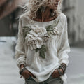 Women's Classic Romantic White Rose Embroidery Art Comfy Linen Long Sleeve Shirts artswardrobe