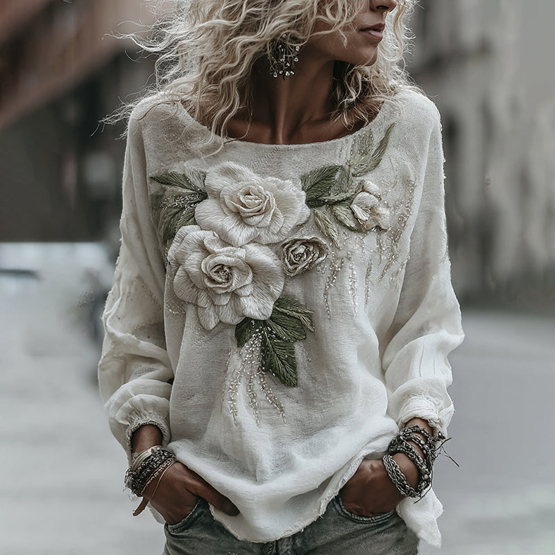 Women's Classic Romantic White Rose Embroidery Art Comfy Linen Long Sleeve Shirts artswardrobe