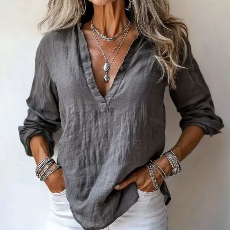 Comstylish Vintage V Neck Cotton Linen Comfy Shirt