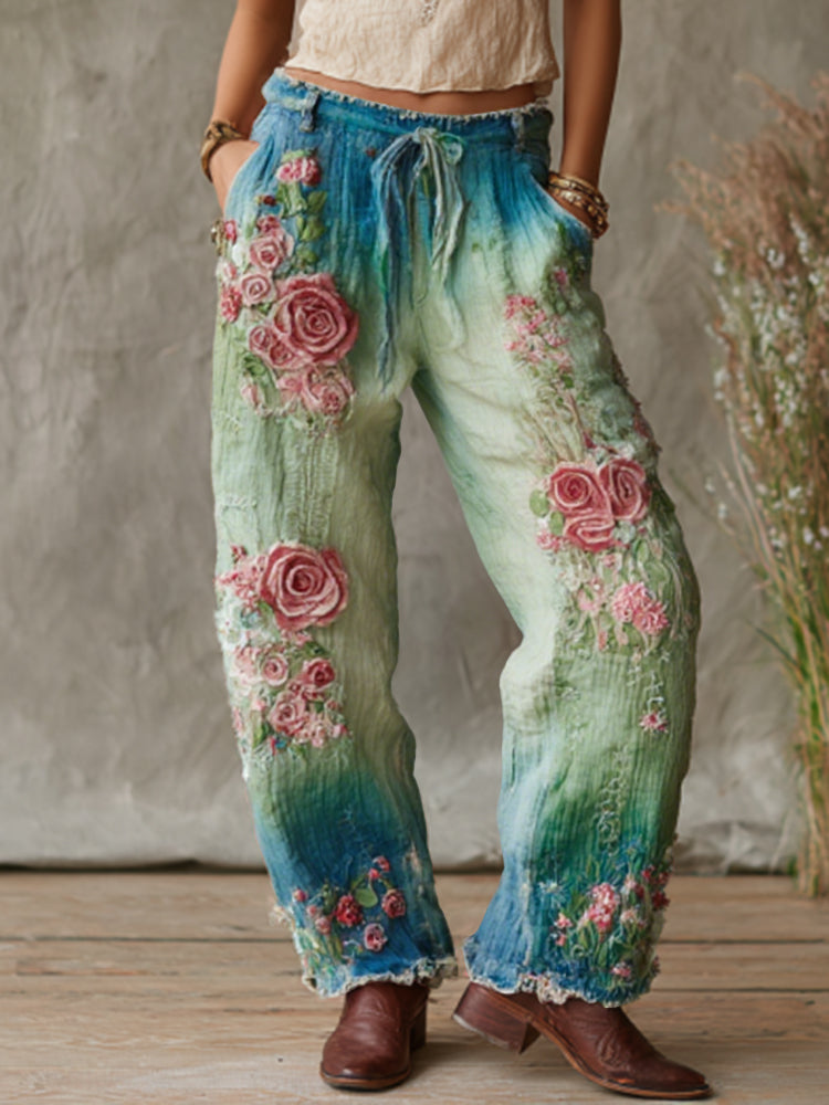Love & Health Collection Retro Western Women Style Vintage Rose And Floral Patchwork Art Linen Pants artswardrobe