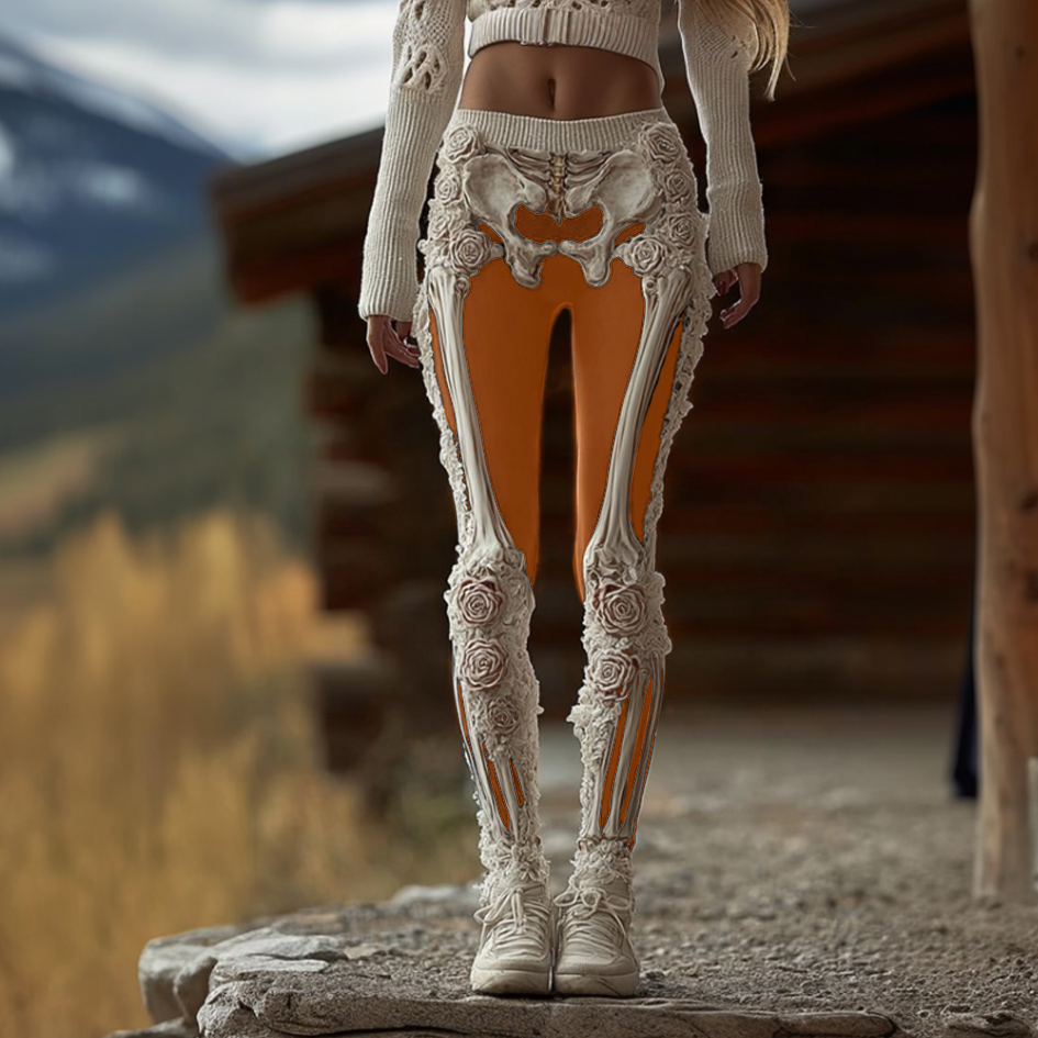 Comstylish Women's Anatomical Style Dark Halloween-themed Knitted Tight-fitting Leggings.