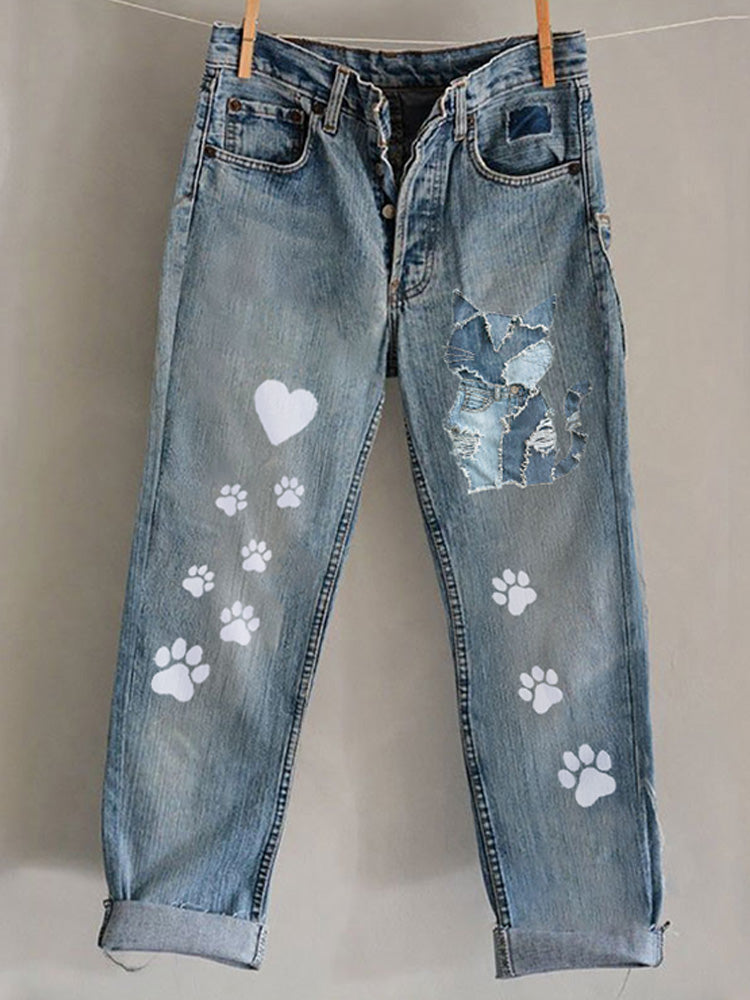 Comstylish Funny Animal Embroidered Print Jeans