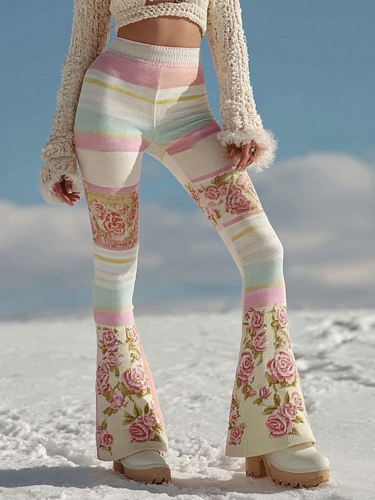 Comstylish Vintage Boho Floral Patchwork Art Cozy Flared Leggings