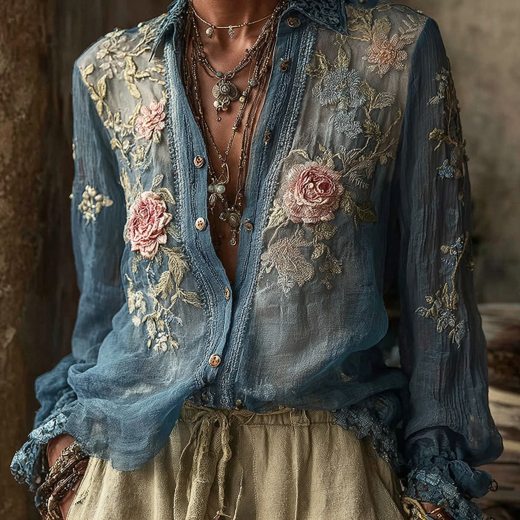 Women's Vintage Bohemian Floral Pattern Linen Long Sleeve Shirt artswardrobe